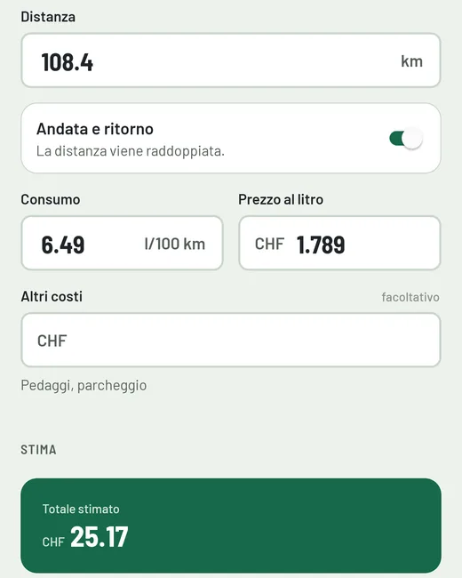 Schermata Calcolo: distanza 108.4 km con andata e ritorno, consumo 6.49 l/100 km, prezzo al litro CHF 1.789 e totale stimato CHF 25.17.